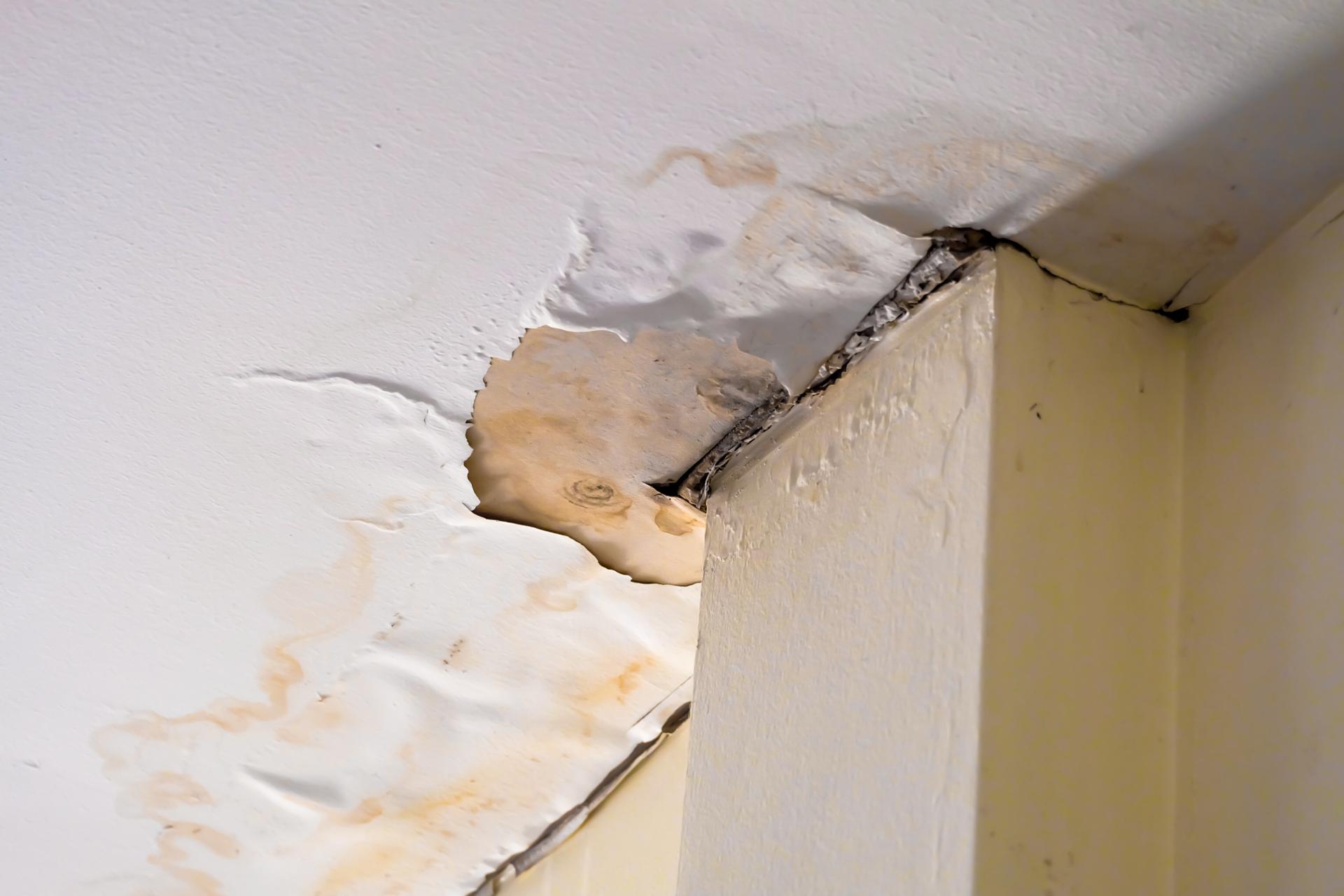 Water damaged ceiling roof in an old abandoned house.