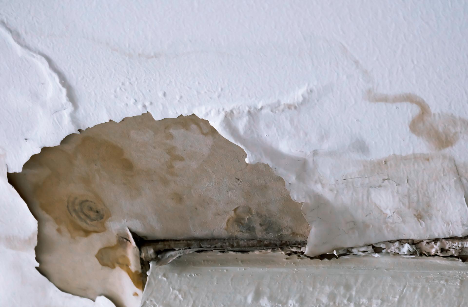 Water damaged ceiling roof, brown stain, office building